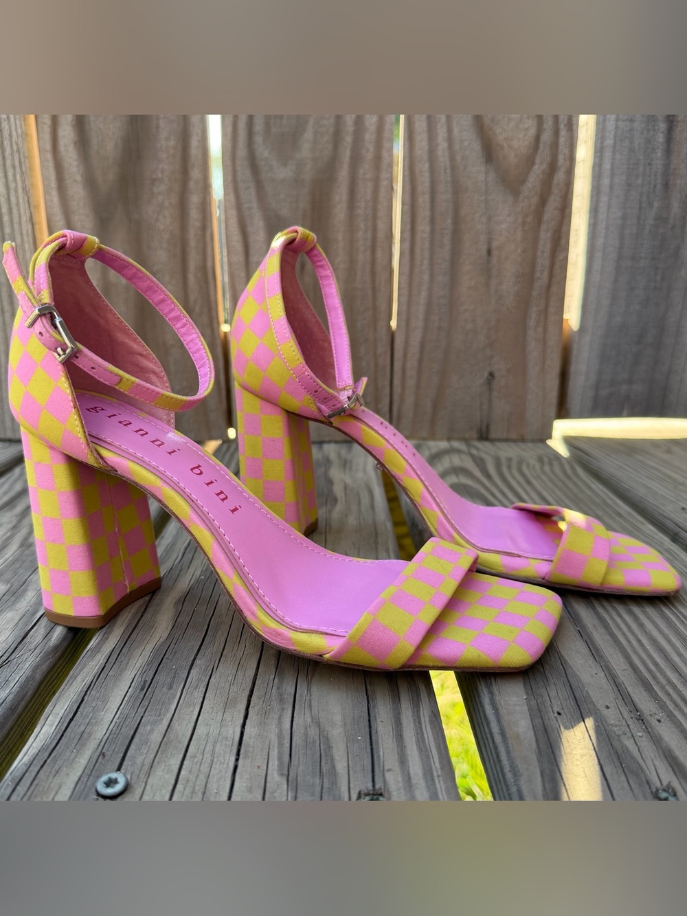 Gianni Bini Maileigh Y2K Checkerboard Pink Yellow Block Heels 6.5